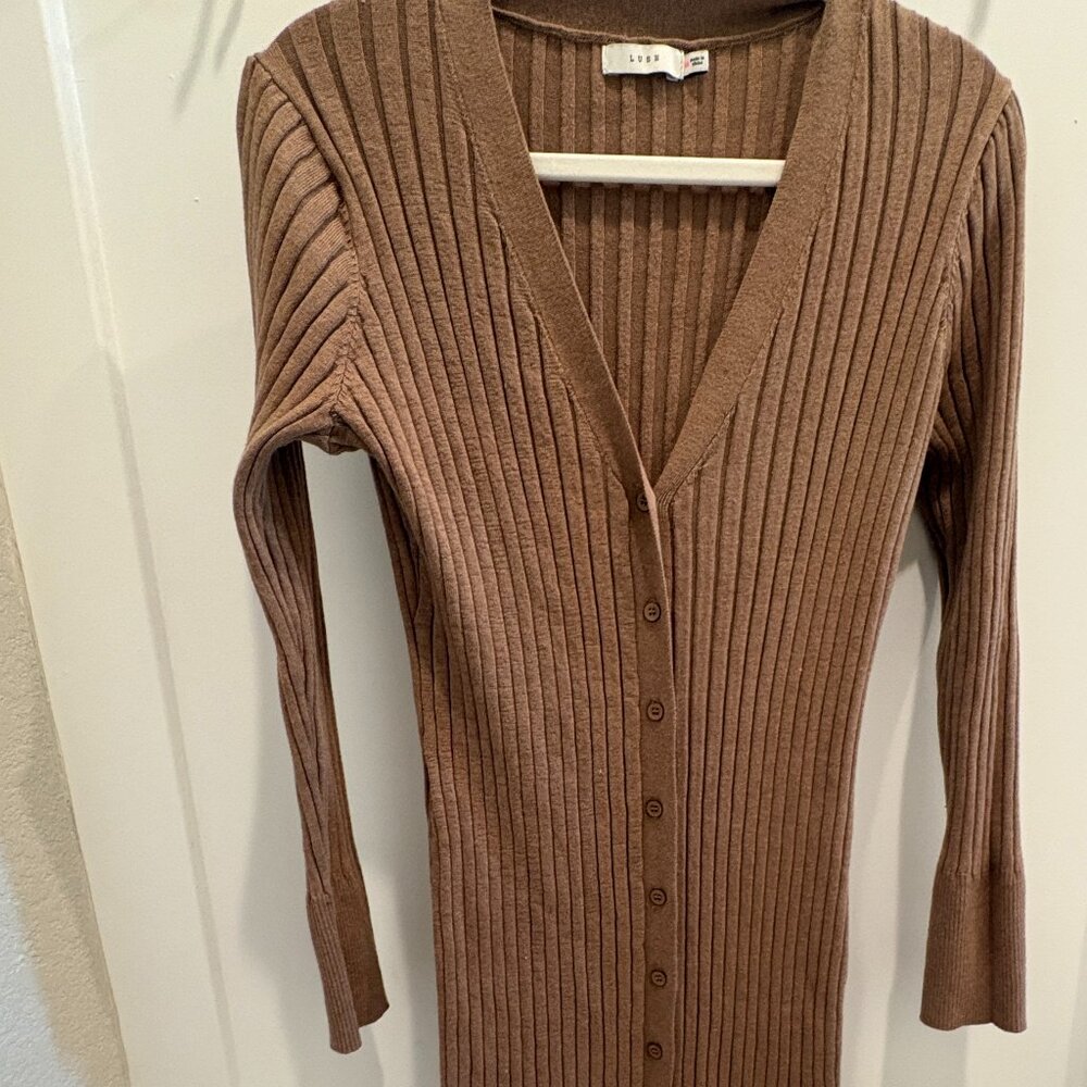 Lush Ribbed Knit Button-Up Sweater Dress | Camel | Size M